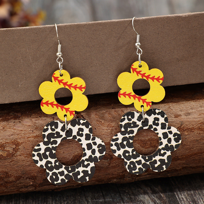 Wholesale Sporty hollowed-out floral cow print retro wooden earrings